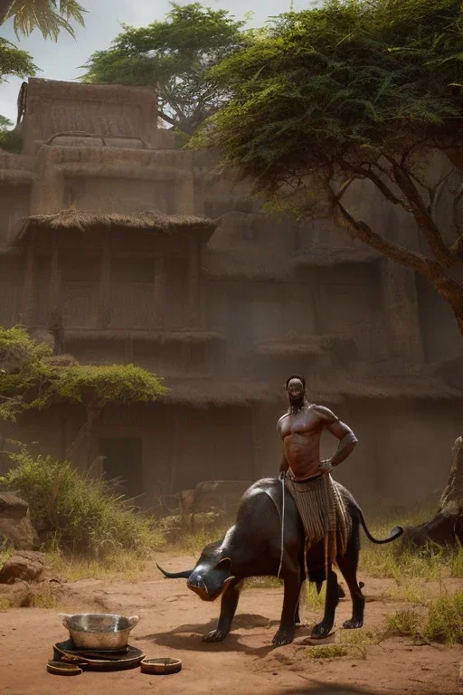 A photo taken from an african village "black panther", <character or scene>, kente, cinematic lighting --v 4 --q 2