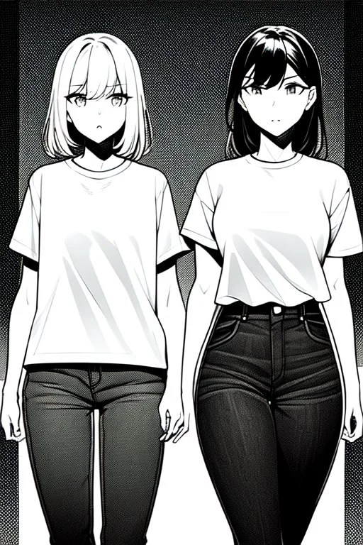 two girls dressed in jeans and a T-shirt walk in the city, line arts, greyscale