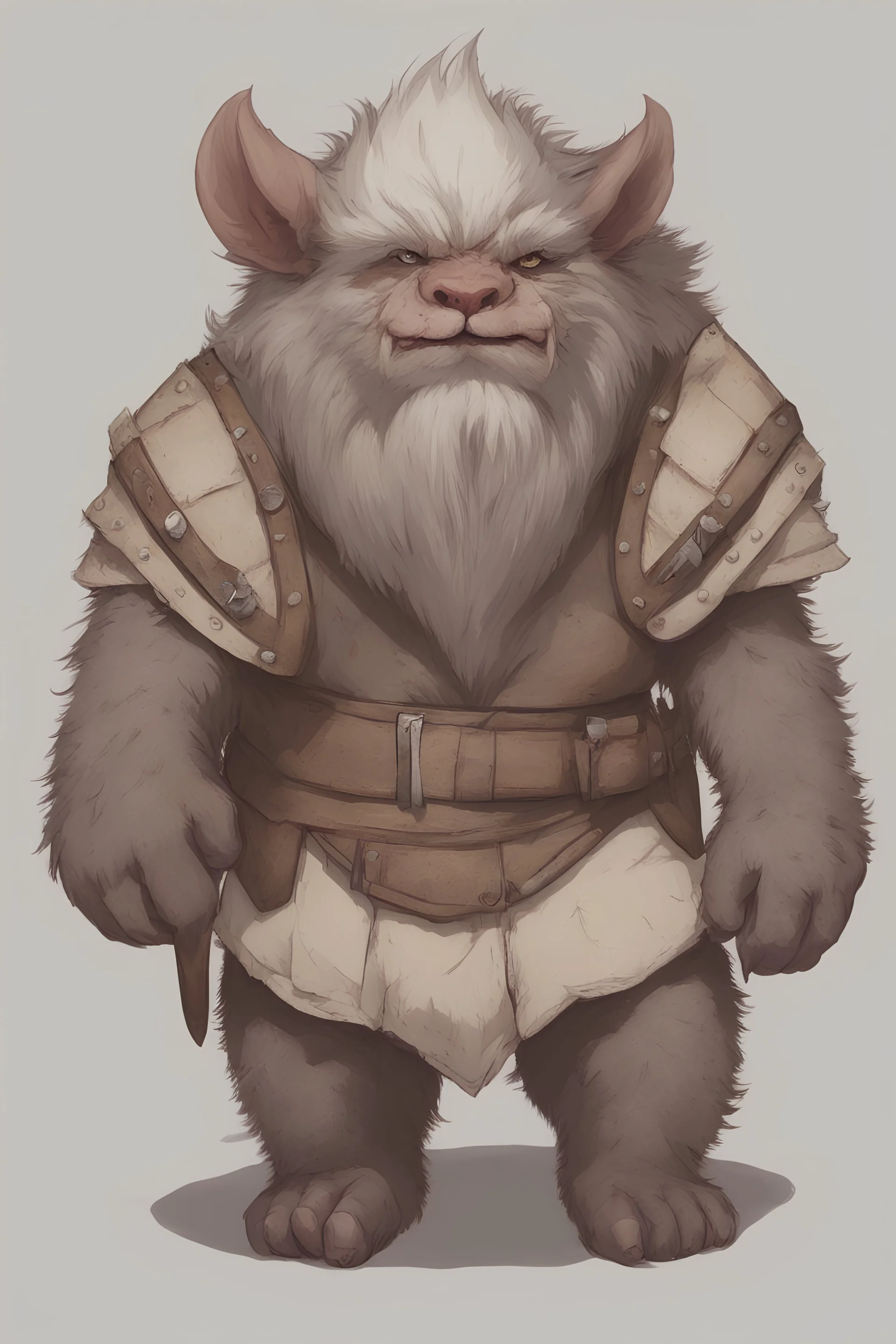 Dnd a young bugbear with WHITE fur and leather armor, tusks