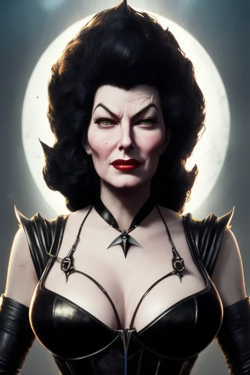 Ava Gardner as evil queen in black leather, busty, cleavage, curvy, angry, stern look. character design by cory loftis, fenghua zhong, ryohei hase, ismail inceoglu and ruan jia. unreal engine 5, artistic lighting, highly detailed, photorealistic, fantasy