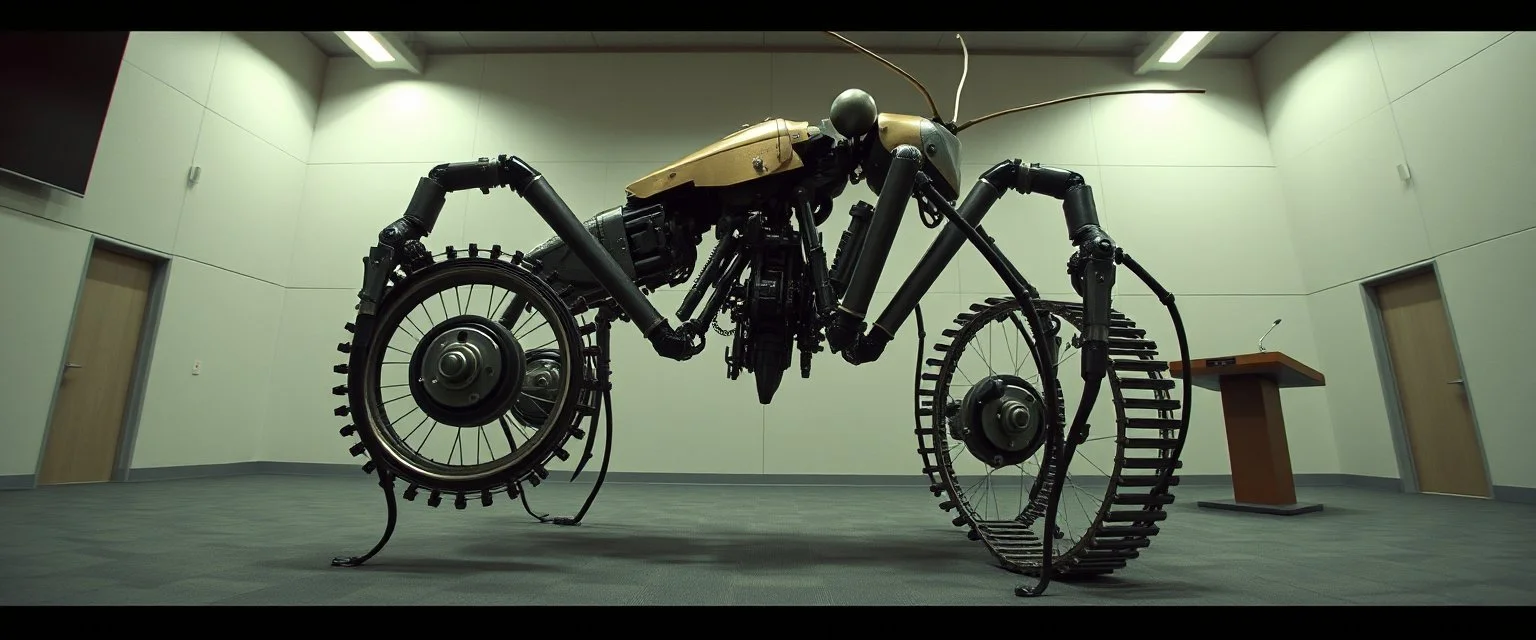 in the style of Escher and Giger and Fallout 4, pinhole cam, airbrush 3d rendering, on tv screen:A five-second cinematic single take in a clean industrial presentation hall. A bizarre mechanically plausible tracked atv machine stands beside a presentation podium, designed to look like a giant mechanical praying mantis. Two large bicycle wheels form its main body and four thin articulated mechanical legs support it. Two long folded mechanical front arms resemble mantis forelegs, huge head and arm