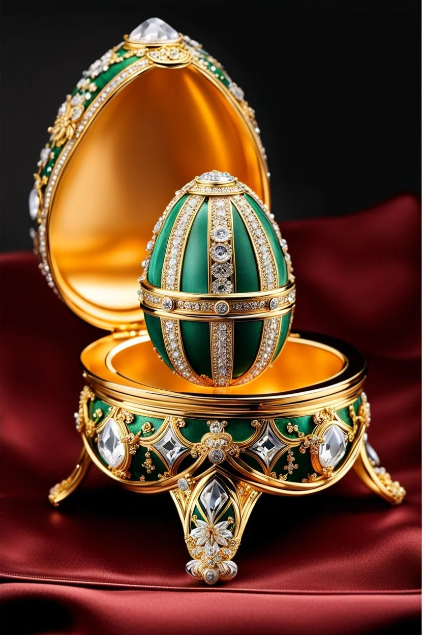 The Fabergé egg formed jewelly box features decorative Swarovski crystals and an enamel finish with the exterior of formed with many stunning gold decorations and studded with diamonds and made from quartz, platinum, and orthoclase with miniature flowers, white crystals, diamonds and made from platinum and gold, and plants made of gold, classic ornaments, high quality, detailed, photography