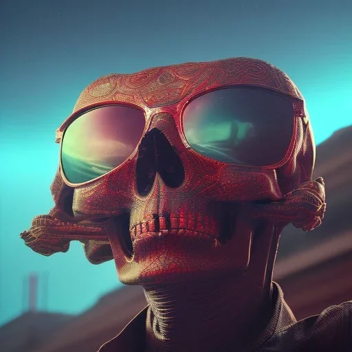 Midjourney style of detailed and intricate skull wearing red sunglasses| wearing cosmonaut suit| portrait and science fiction theme| aurora lighting| nebula and stars| stunning environment| volumetric lighting| vibrant