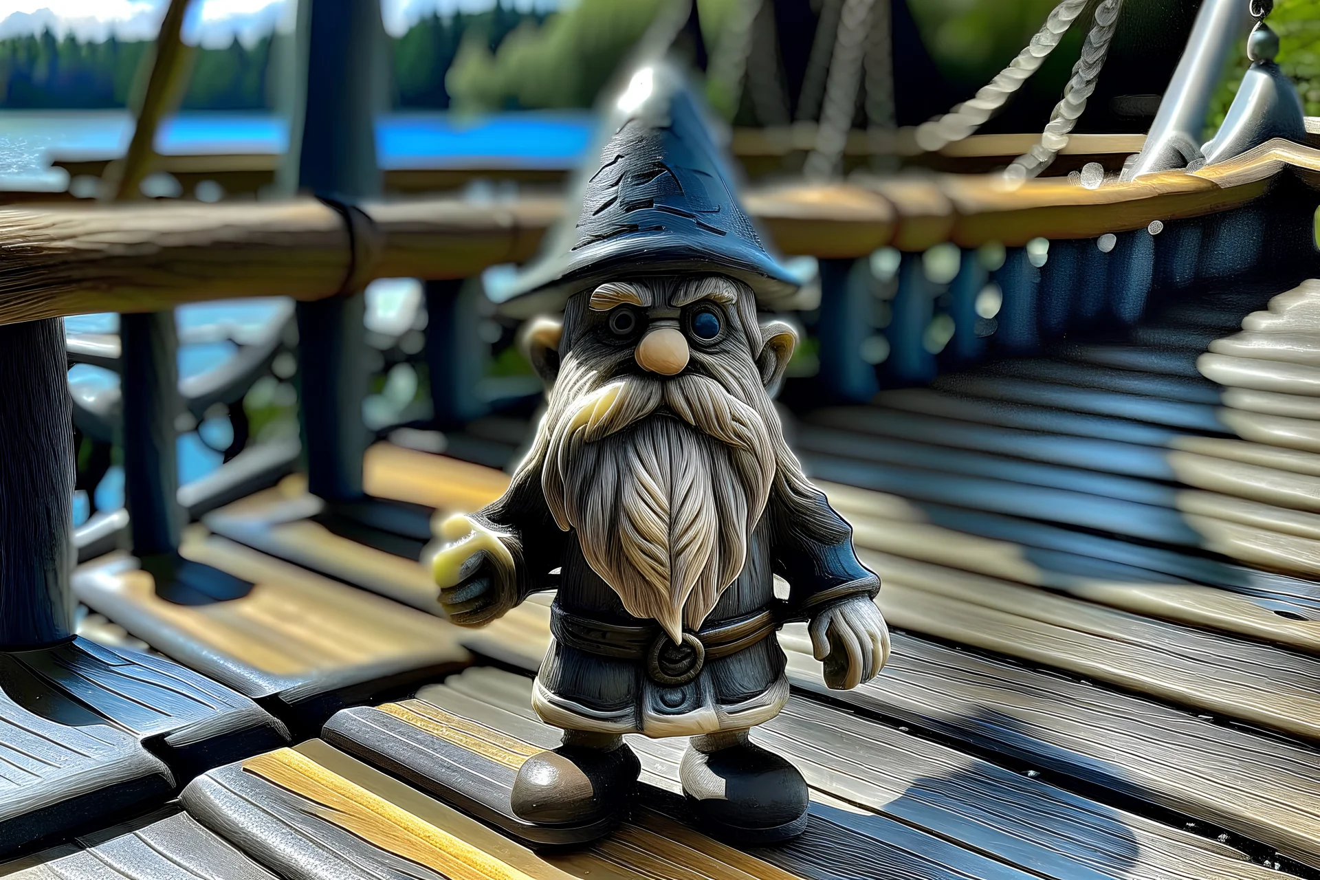 a klabautermann with gnomish features, looks like a ghost. standing on the deck of a boat