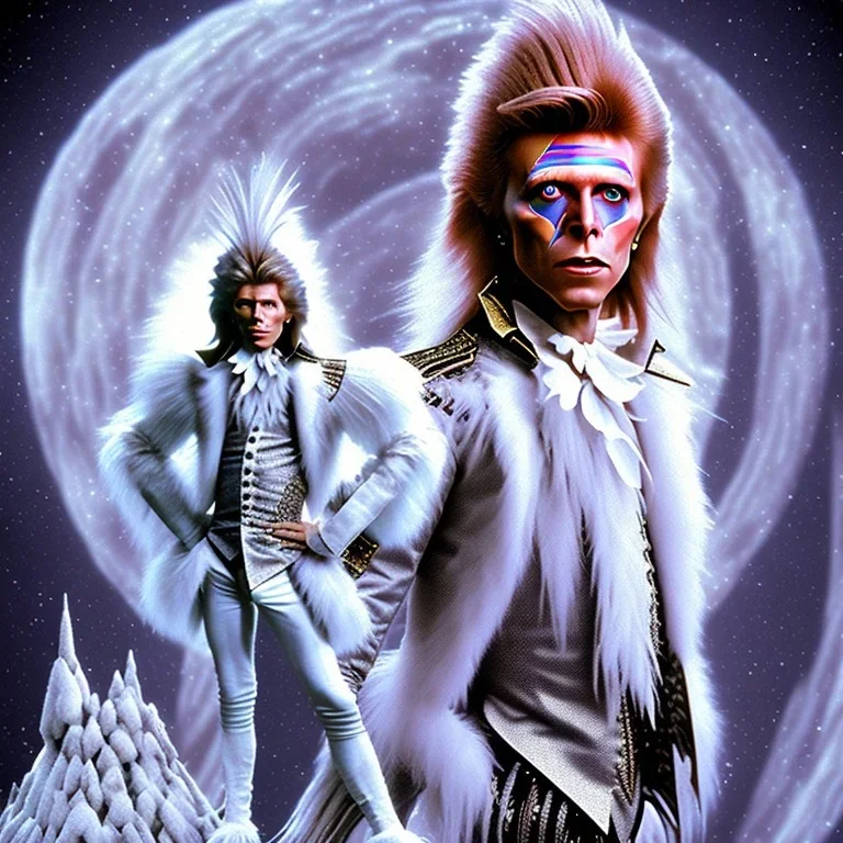 David bowie full body, white snow owl feathery fancy 1700's time period clothes, Jim Henson's The Labyrinth, Jareth the goblin king, crystal balls in hand, wearing spandex grey leggings, huge crotch bulge, labyrinth illusion, floating broken stairs in background, floating broken earth in background, anatomically correct, 8k hyper realistic,80's vibe