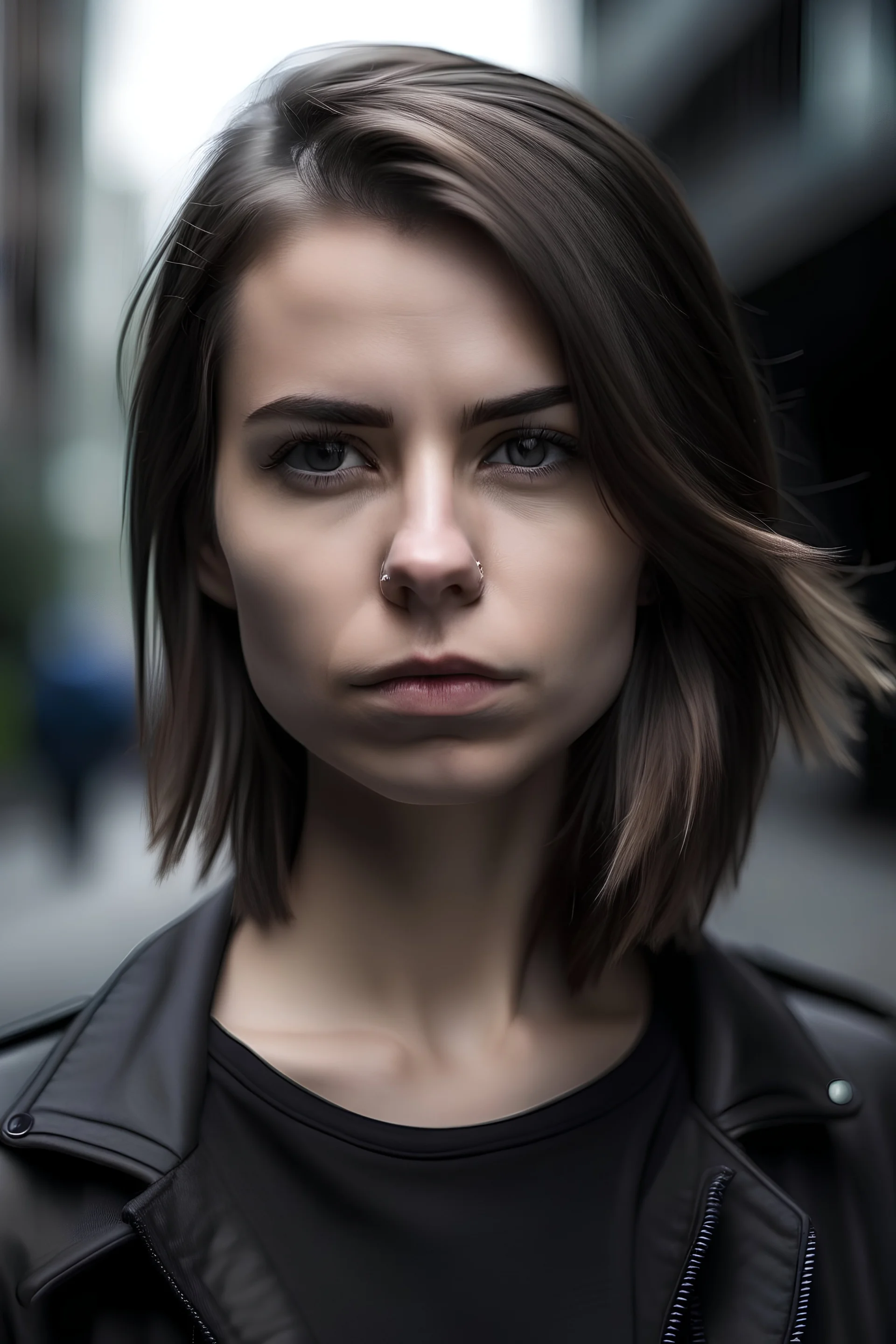 Frau, 28-jährig, realistische Haut, realistische Haare, ernsthafter Blick, enge Kleidung in einer modernen Stadtumgebung.