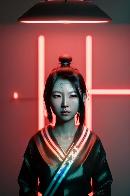 Studio photo portrait, Asian woman samurai,cyberpunk,red, white, black, led wires, glow eyes, cinematic, Ultra realistic, wide angle view, soft color, highly detailed, unreal engine 5, RTX, ultra detail, 3d, finely drawn, high definition.