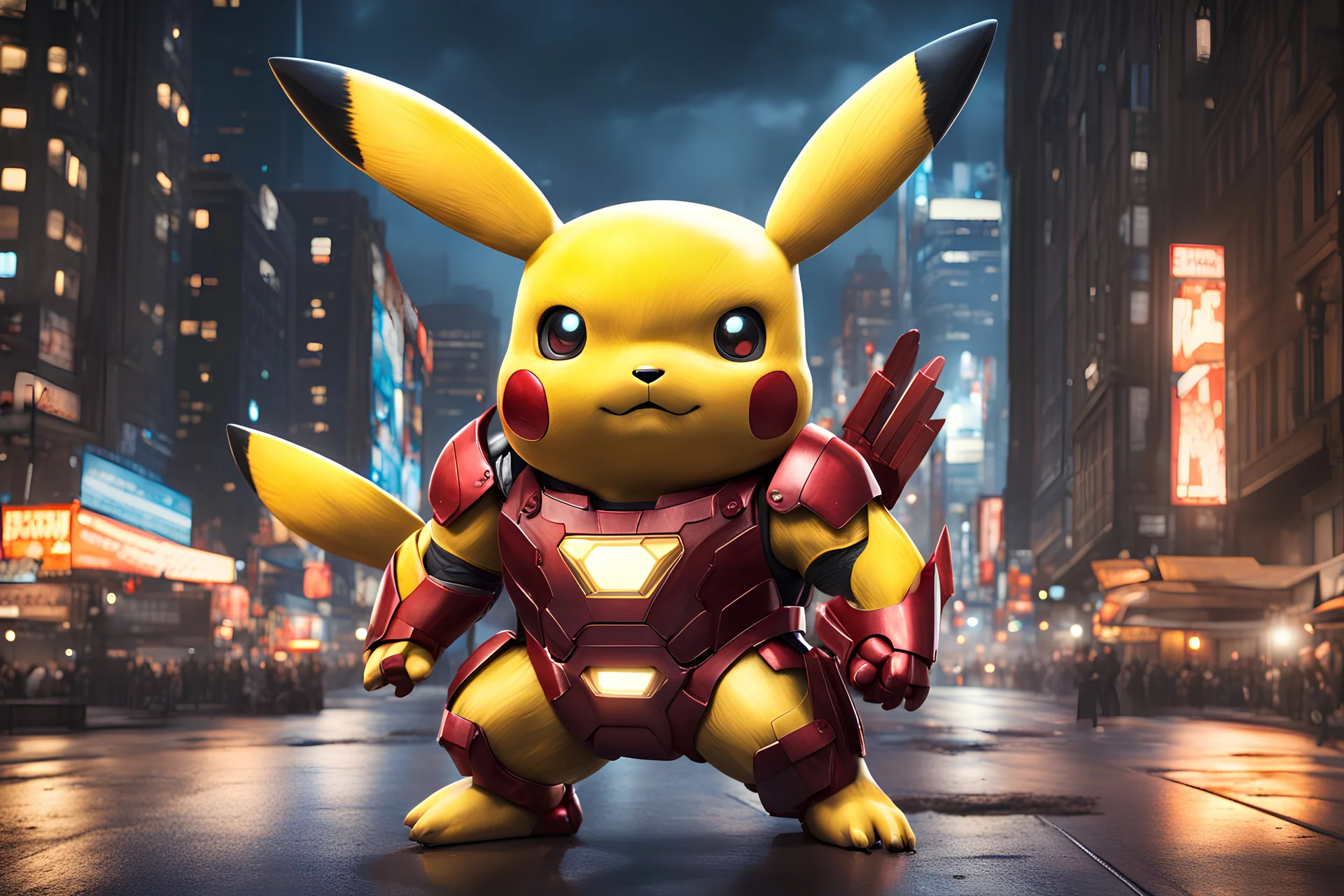 a highly detailed illustration of Pikachu wearing the iconic Iron Man armor, qualidade excepcional, dinamic pose, mischievous expression, urban night scenery, lighting dramatic, estilo de desenho hiper-realista