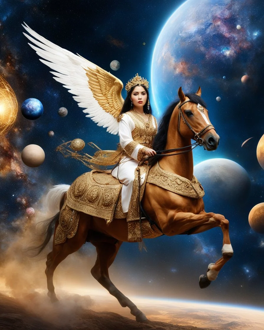 Realistic photography take photoshoot from far, facing front view of a beautiful female angel with dressed in traditional Javanese clothing riding a golden horse-drawn carriage, flying in space, a galaxy surrounded by planets