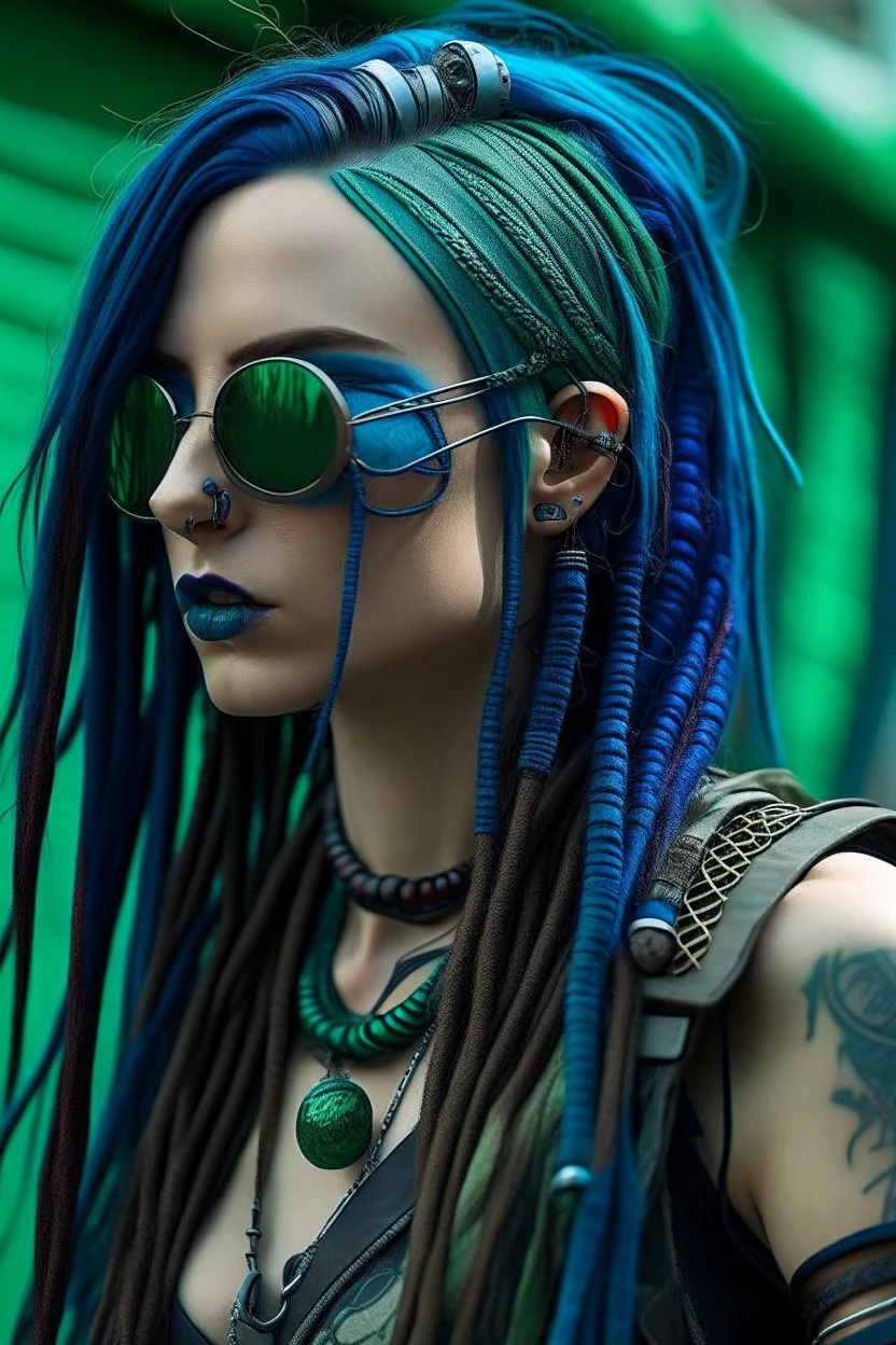 mermaid cyberpunk some scales on face indigo hair dreadlock sunglasses