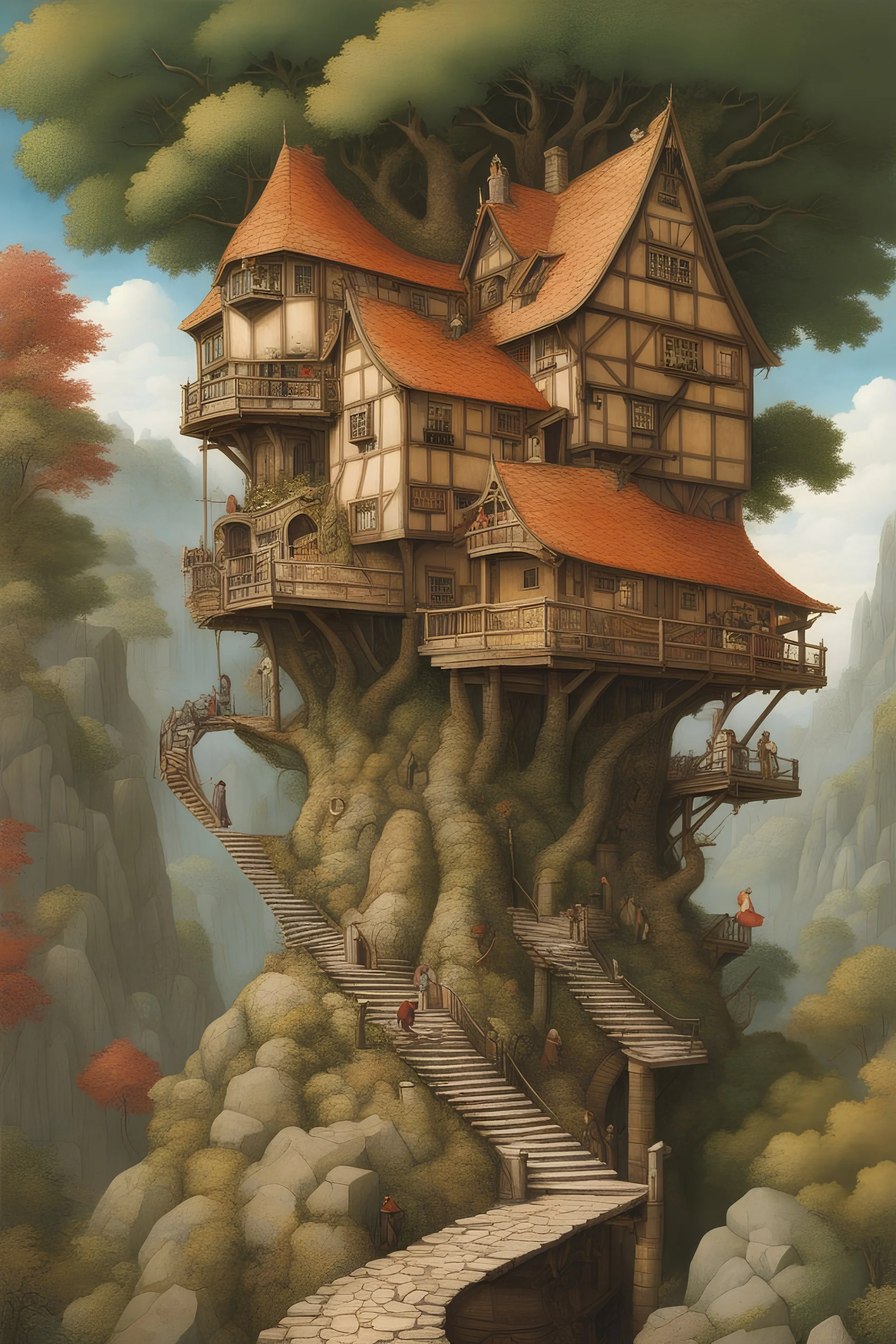 Pieter Bruegel the Elder, Hiroshi Masumura, Surreal, mysterious, strange, fantastical, fantasy, Sci-fi, Japanese anime, castle in the tree, spiral staircase with keyboard, coral hair, lady in miniskirt dress, perfect voluminous body, detailed masterpiece