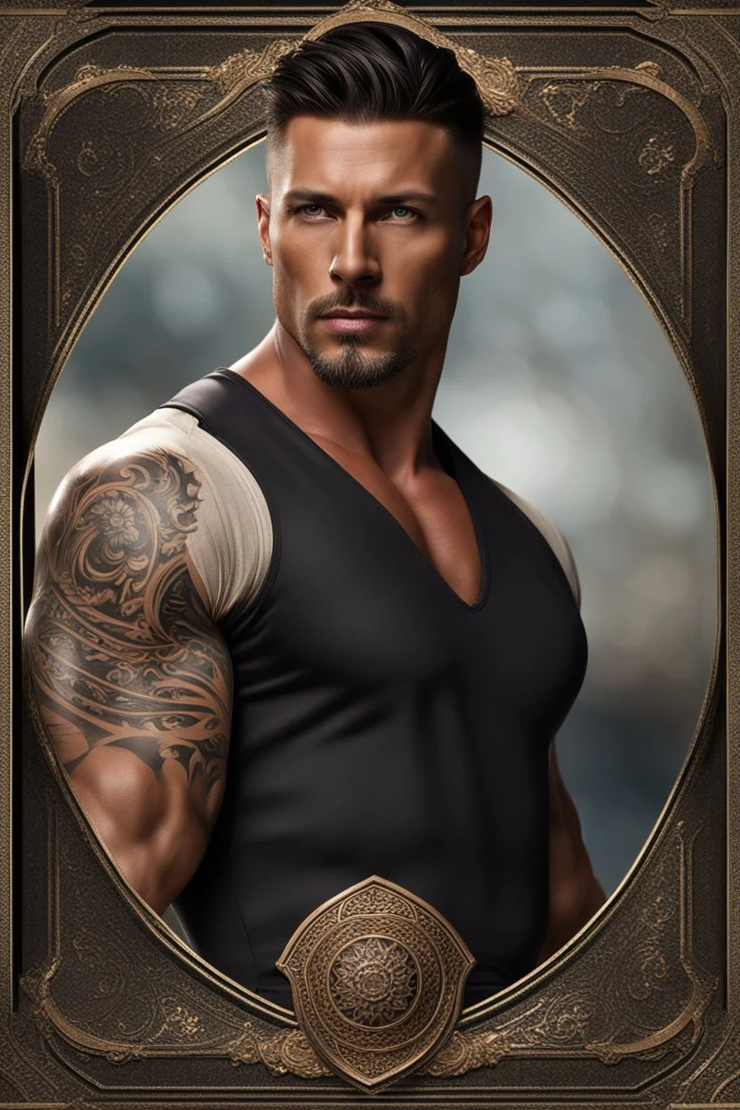 portrait of a 35 year old Handsome muscular male leader with lightly tanned skin and tattoos. Dark hair cut short and a goatee beard. photorealistic