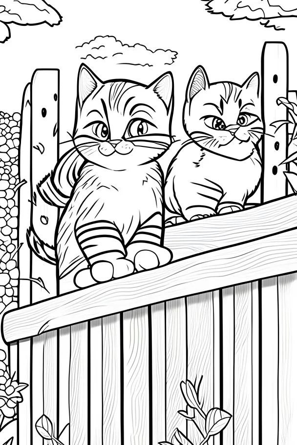 coloring page for kids, Cats on a fence, cartoon style, thick lines, low detail, no shading