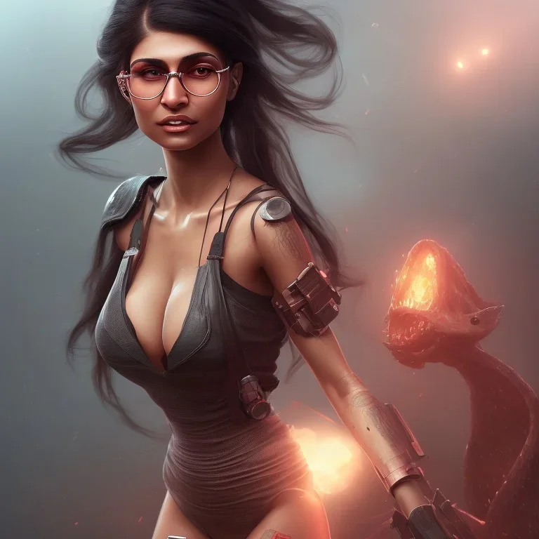 mia khalifa, dress red, long black hair, realistic, intriacte detail, sci-fi fantasy style, volumetric lighting, particales,highly detailed,cinamatic, deep colours,8k