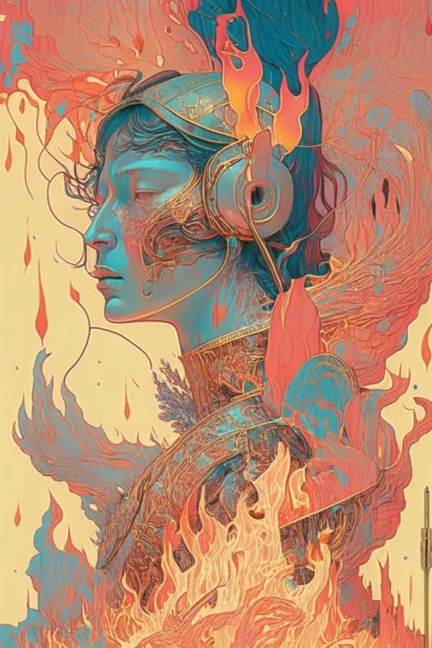 Now I know how Joan of Arc felt As the flames rose to her Roman nose And her Walkman started to melt ; insanely detailed; intricate; award-winning; rose tones; beautiful; surrealism; Victo Ngai, Salvador Dali, Alex Pardee