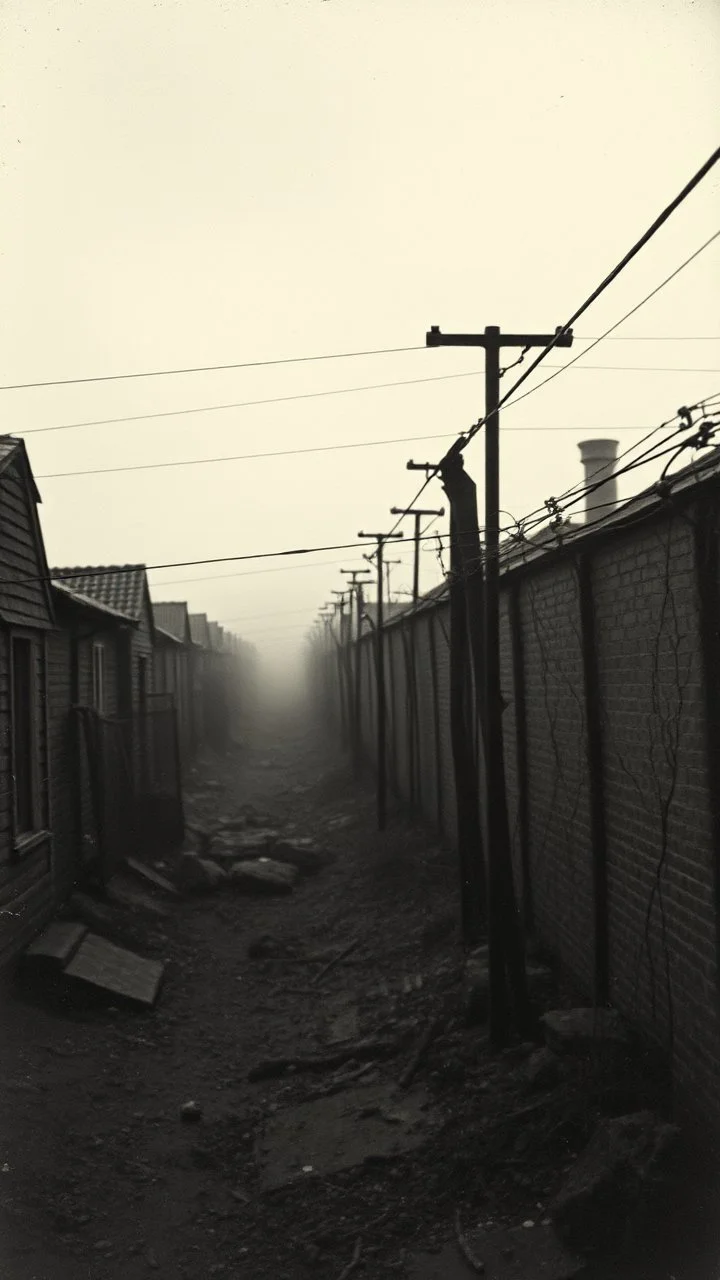 An old picture style black and white mono very bad quality looks very old camera picture with cracks of prisoners beyond bare wires in a Nazi concentration camps year 1900 in the background foggy clouds