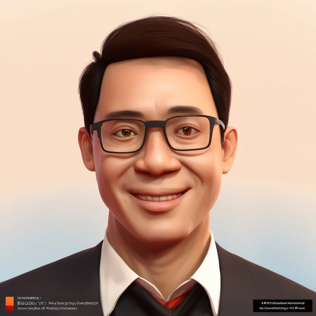 a portrait of smiling a man. netherlands-indonesia blood. round 40years old. carricature. dark black hair. short hair. light brown skin. dark brown eye pupils. wearing small rectangle, thin frame glasses. square face shape. formal dress. pixar style. 3D. 4k. portrait. highly detailed. sharp focus. high resolution. full color. cinema lighting