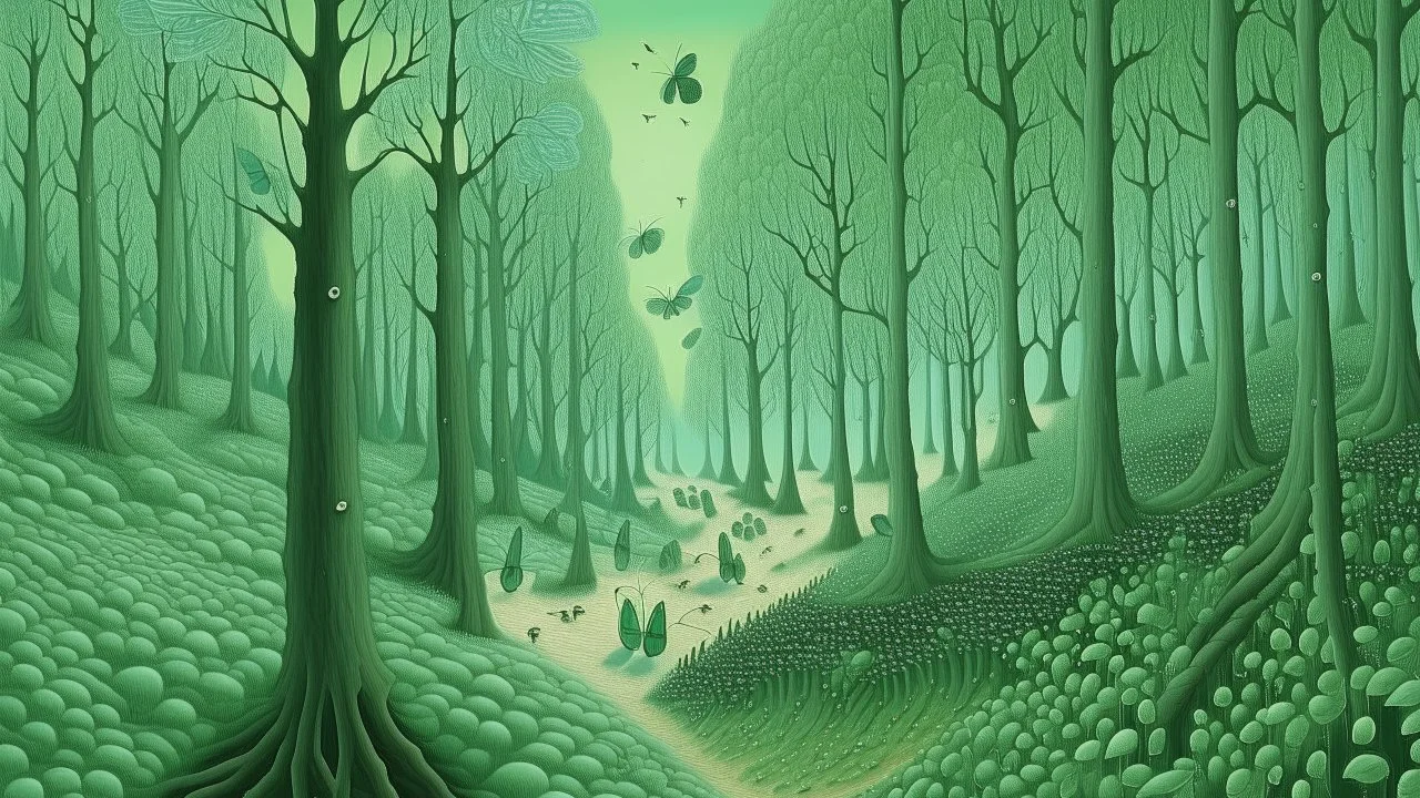 A mint colored forest with insects painted by Rene Magritte