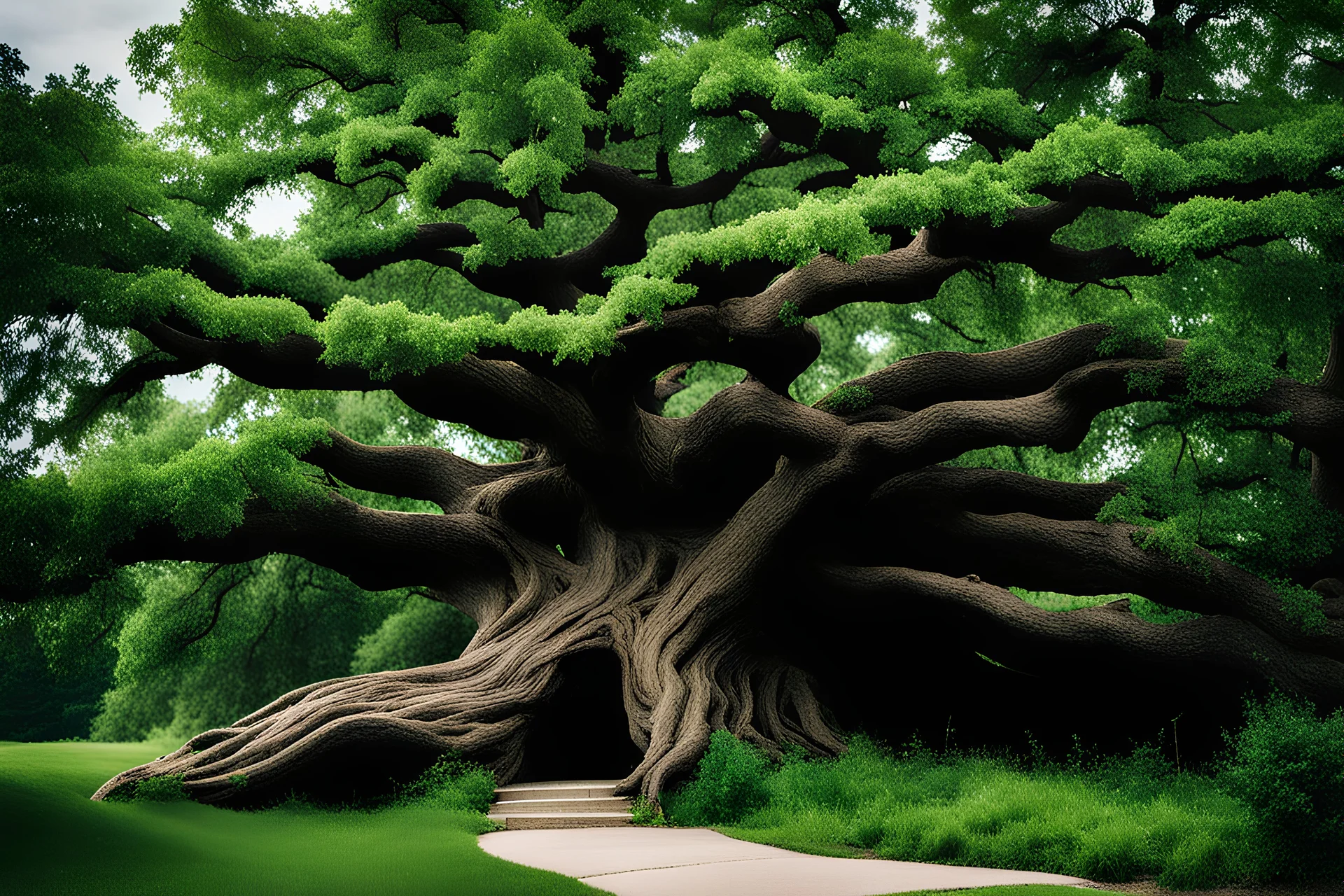 The Great Deku Tree from Zelda, but in real life, in Wisconsin, in the summer. Photograph.