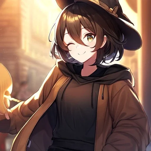 Clear focus, High resolution, short brown spiky hair, hair between eyes, eyes closed, wearing a brown detective hat, wearing a brown jacket and a black shirt, wearing black shorts, 1girl, pulling hat down, smiling, wearing a oversized hoodie