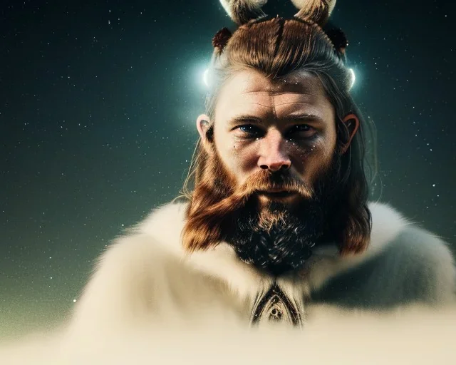 a sad and lonely viking looking up at the stars at night, hyper realistic, 8k, insane detail, atmospheric background, crying eyes, big fur coat, long braided hair, sharp focus, soft background, dynamic lighting, viking helmet, night time