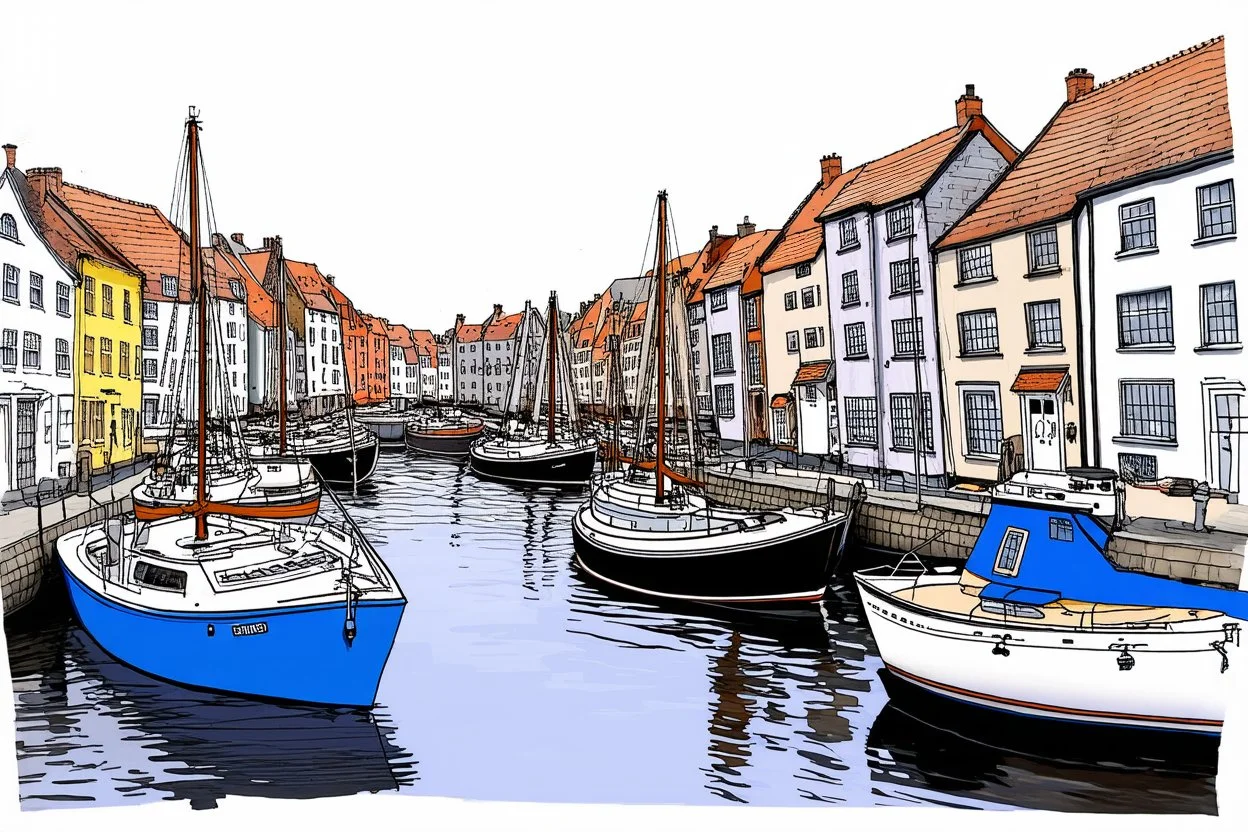Small English fishing port in the style of a loose urban sketch