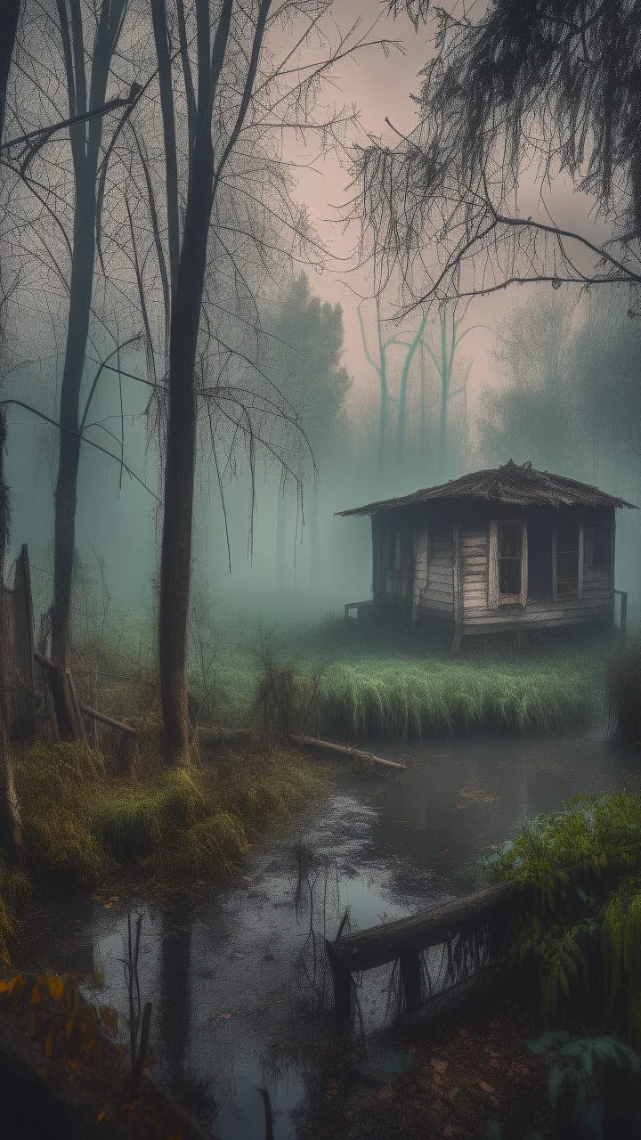 A swamp surrounded by bamboos long trees in cloudy, depressing, foggy, with a dim of light in the distance , there.is an abandoned old house covered with leaves.