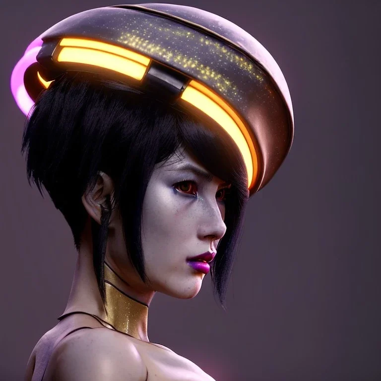 Ghost in the shell style, pretty cyber woman sit, futuristic, rounded face, blood, black, gold, brown, geisha style, decorative color feathers, simétrico, circuits, neon style, a lot of led lights, fog, rain, vibrant color, highly detailed, art stations, concept art, smooth, unreal engine 5, god rays, ray tracing, RTX, lumen lighting, ultra detail, volumetric lighting, 3d, finely drawn, high definition, high resolution.