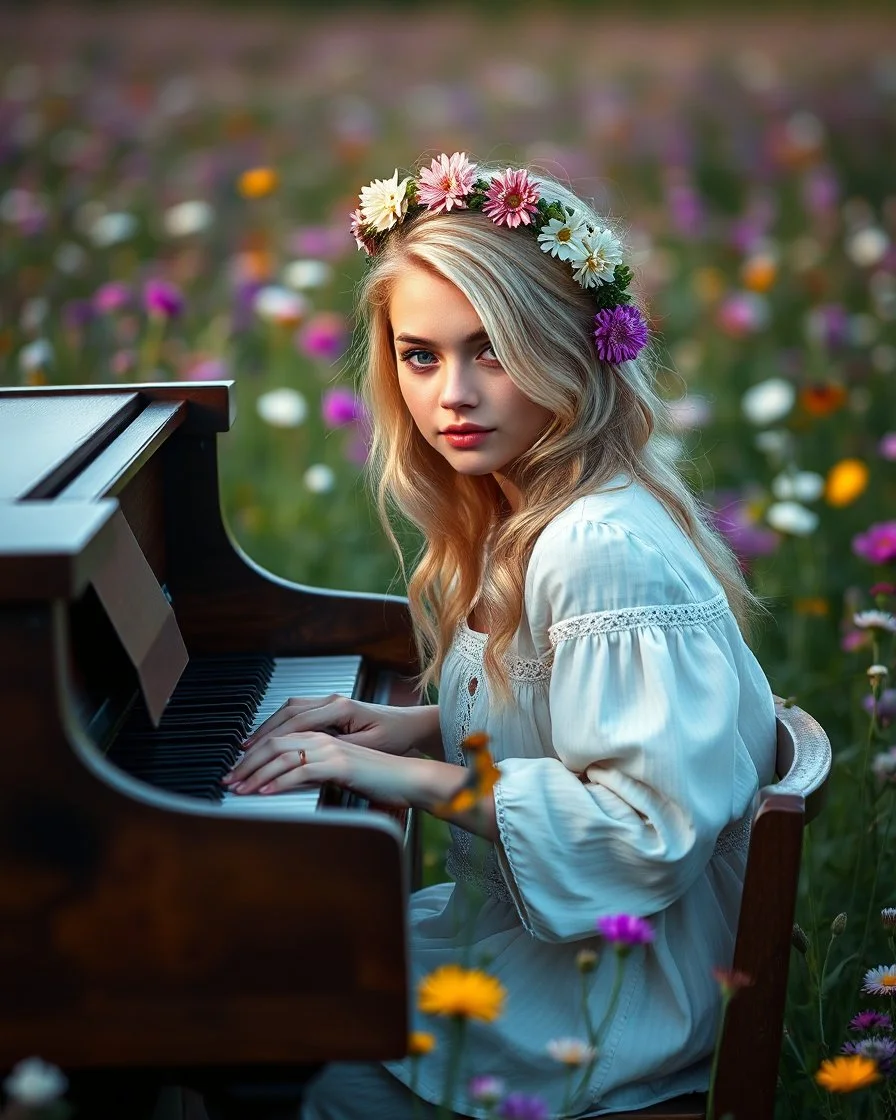 Beautiful face blond adorned sit on chair wood and playing piano in Realistic photography of a field of wildflowers, soft natural lighting, vibrant colors, intricate details,peaceful and serene atmosphere.