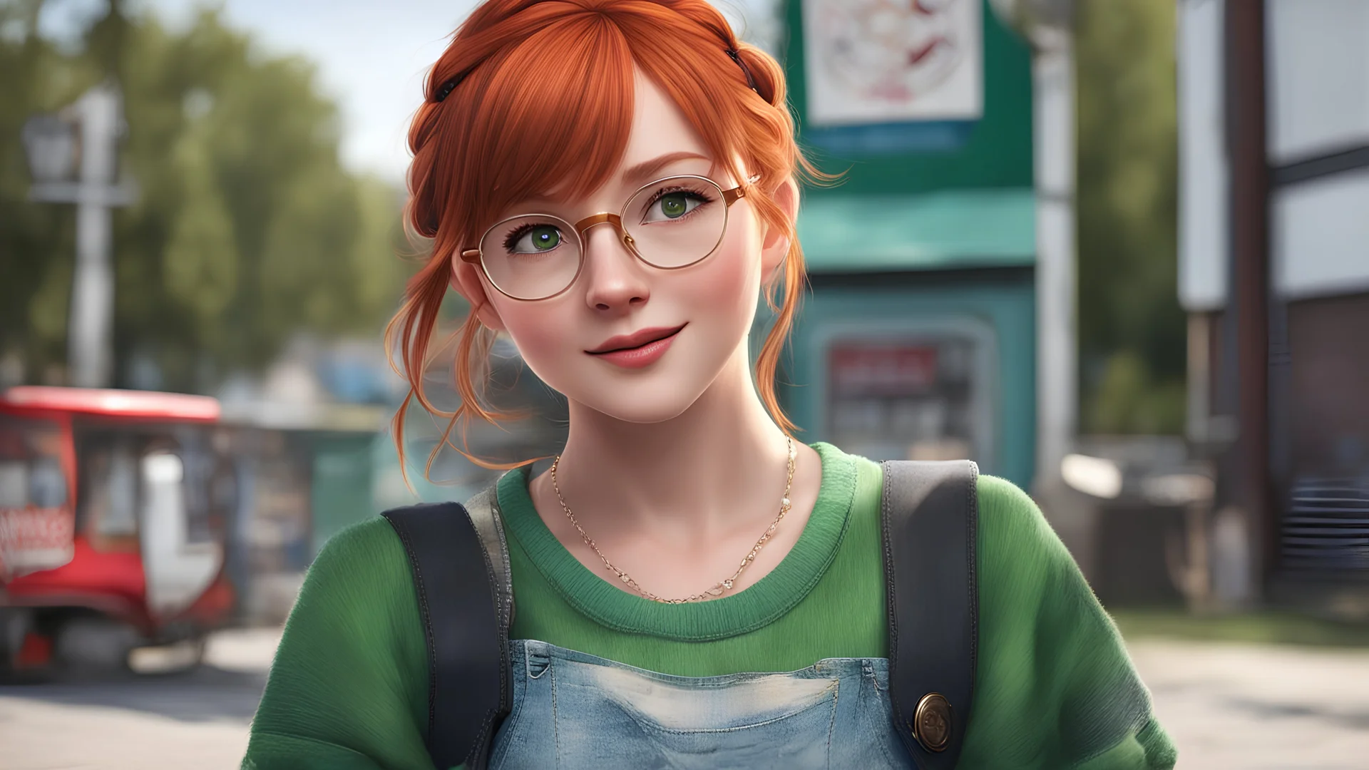 1girl, braid, red hair, (freckles:0.75), round eyewear, green eyes, ((nose)), parted bangs, bangs, crew neck, long sleeves, striped sleeves, , necklace, jeans, belt, , feeling amused, masterpiece, best quality, intricate, depth of field, trash can, lamppost, poster \(object\), sunset,