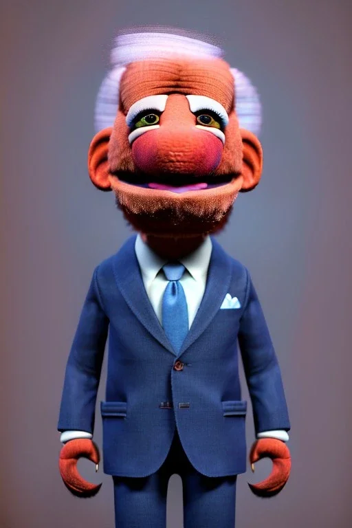 Waist up Portrait, joe Biden as muppet doll, Blue suit retro style, photo studio, city background, unreal engine 5, concept art, art station, god lights, ray tracing, RTX, lumen lighting, ultra detail, volumetric lighting, 3d.