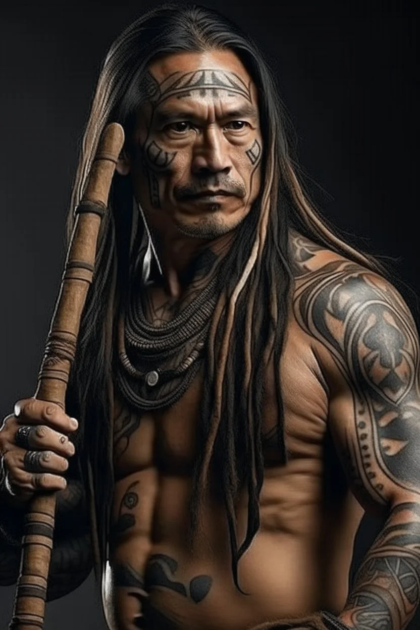 clean shaven middle aged long haired warrior with tribal tattoos and spear