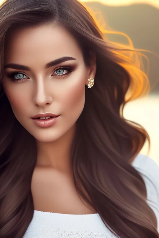 realistic, portrait and full body of a sexy woman standing in a sexy pose next to rocky river in country side, beautiful face with nice make up, sunlight, cinematic light, bangs, a beautiful woman, beautiful eyes, brown curved hair, perfect anatomy, very cute, princess eyes , (blue eyes) , nice sport shoes ,Centered image, stylized, life size,8k Resolution, low-cut dress with small blue details, human hands, wonder full, elegant, approaching perfection, dynamic, highly detailed, character sheet