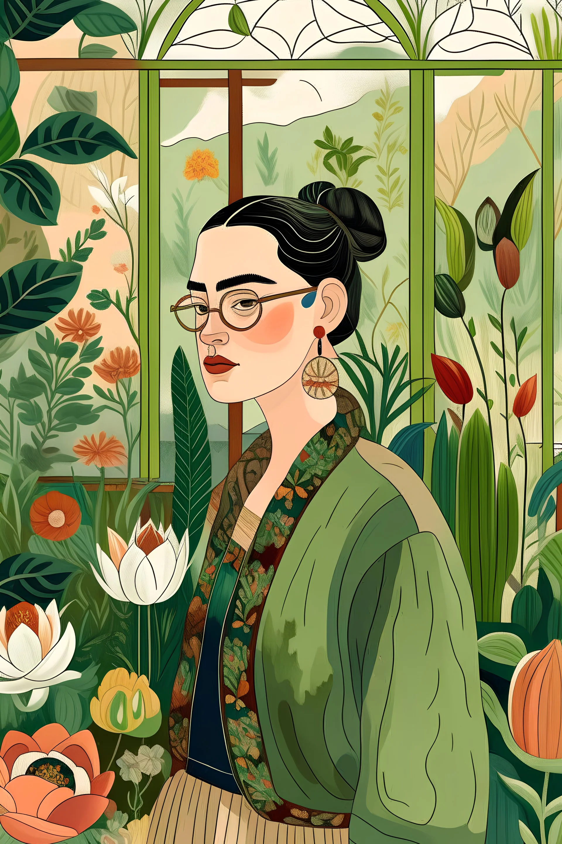 una joven contemplando un jardin al estilo frida kahlo