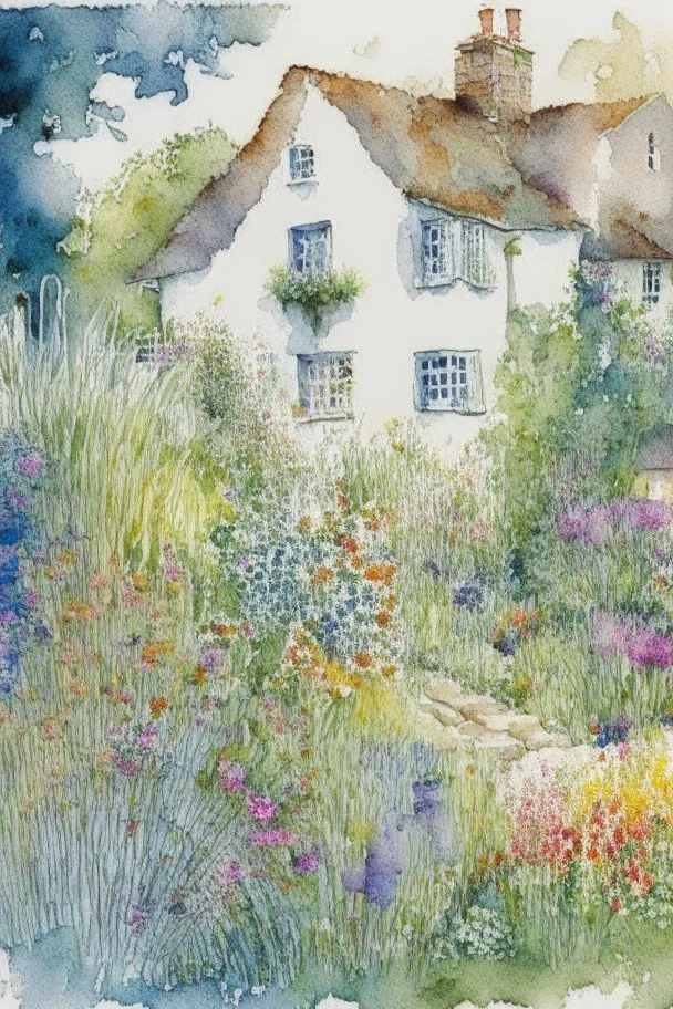 abstract watercolour english cottage garden in the style of picasso centred