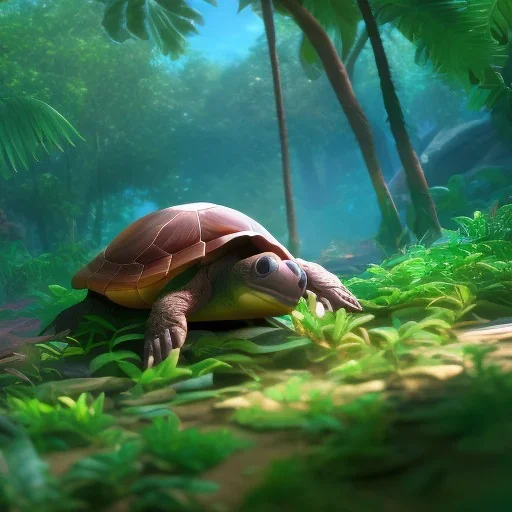 Cute turtle, league of legends, in the jungle, intricate detail, cinematic, 8 k, cel shaded, unreal engine, featured on artstation, pixiv, cartoon style