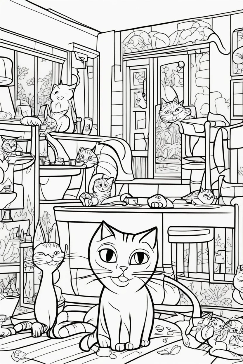 coloring page for kids, Cats in the house, cartoon style, thick lines, low detail, no shading