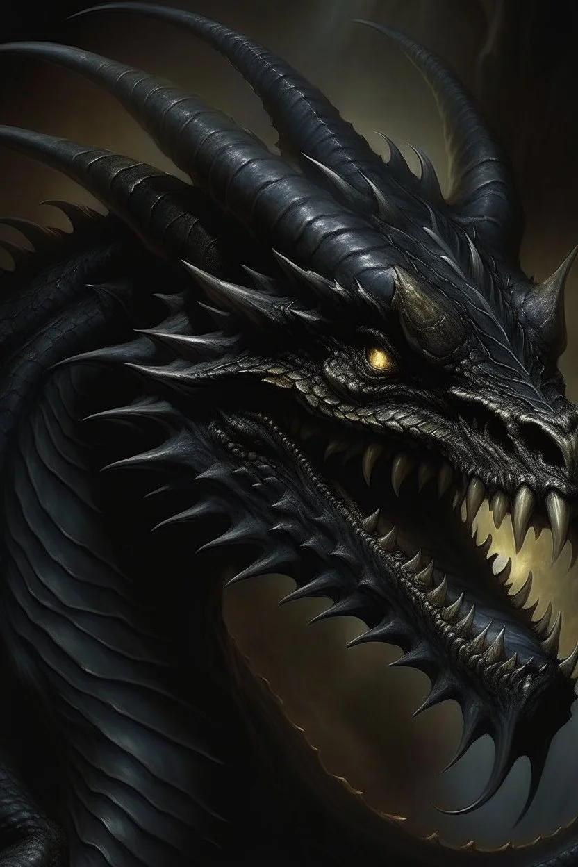 50s dark fantasy art, illustration of a black dragon