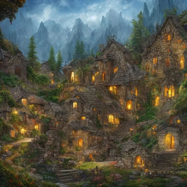 A beautiful elven village built on large rocks, detailed painting, full HD, 8K, 18K