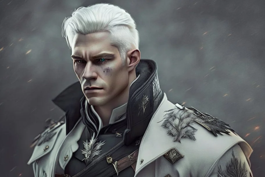 A white masculine human with medium white hair. A Lot of Battle Scars. Full body. Black Military Outfit. HD