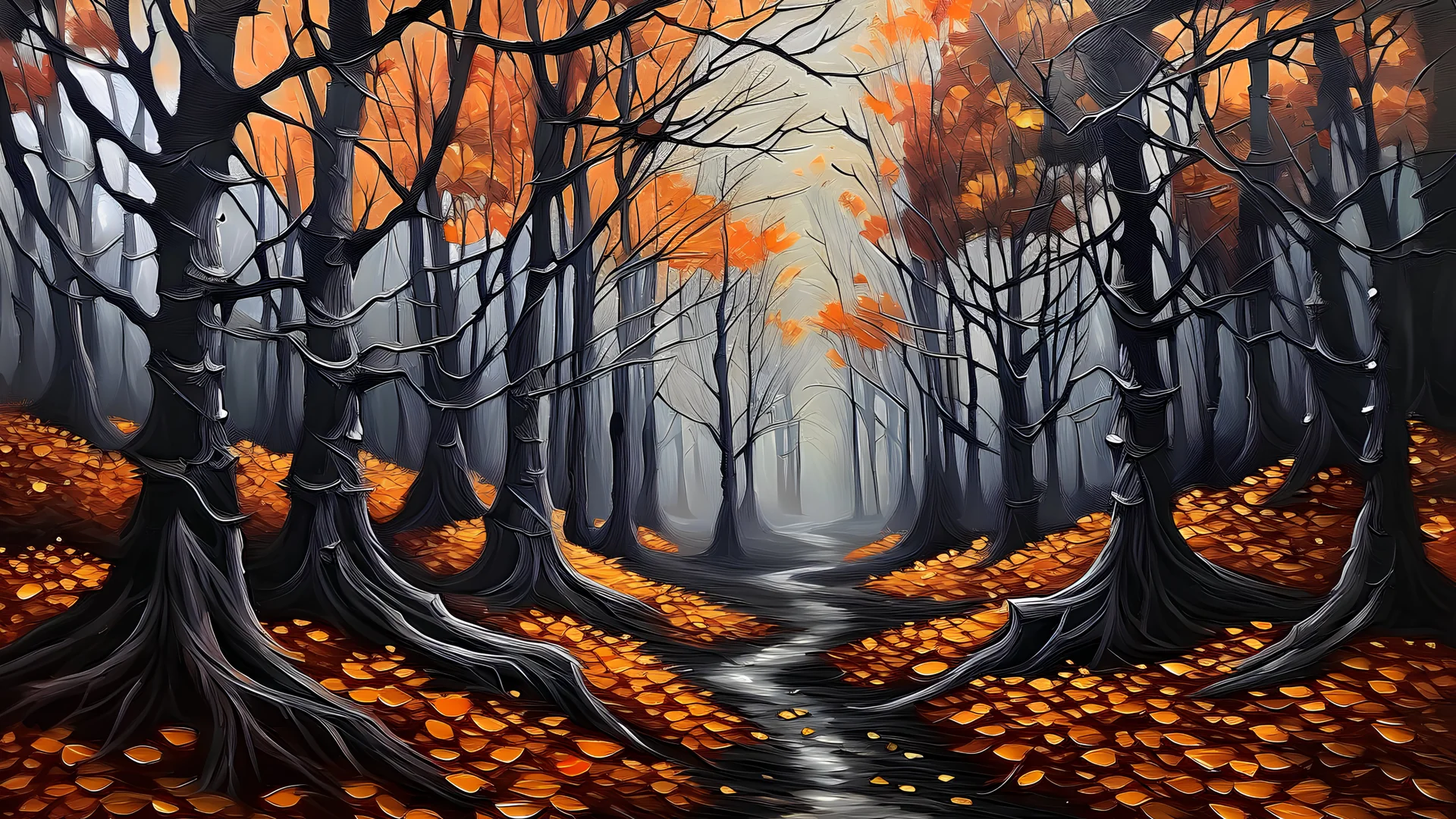 acrylic painted realistic creepy autumn forest