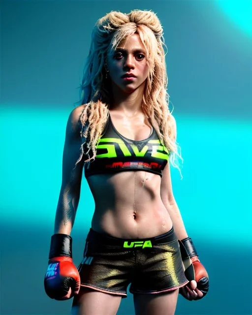 portrait, Shakira, blonde artist, angry, Realistic image, MMA robe, hoodie, mma gloves, fight pose, make-up make-up, gold line make-up, moisture, sweat, fog, goddess, Neon colors, leds. Black background, photo studio, concept art, smooth, unreal engine 5, god lights, ray tracing, RTX, lumen lighting, ultra detail, volumetric lighting, 3d, finely drawn, high definition, 4k.