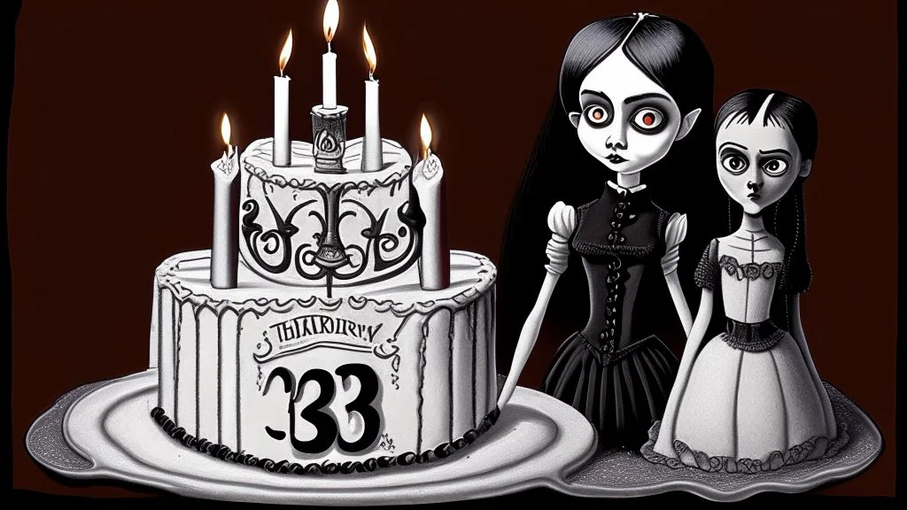 draw a birthday cake with logo number 23 or one candle 23 .Insanely detailed Addams Family movie still with Barbie dolls, art by tim burton