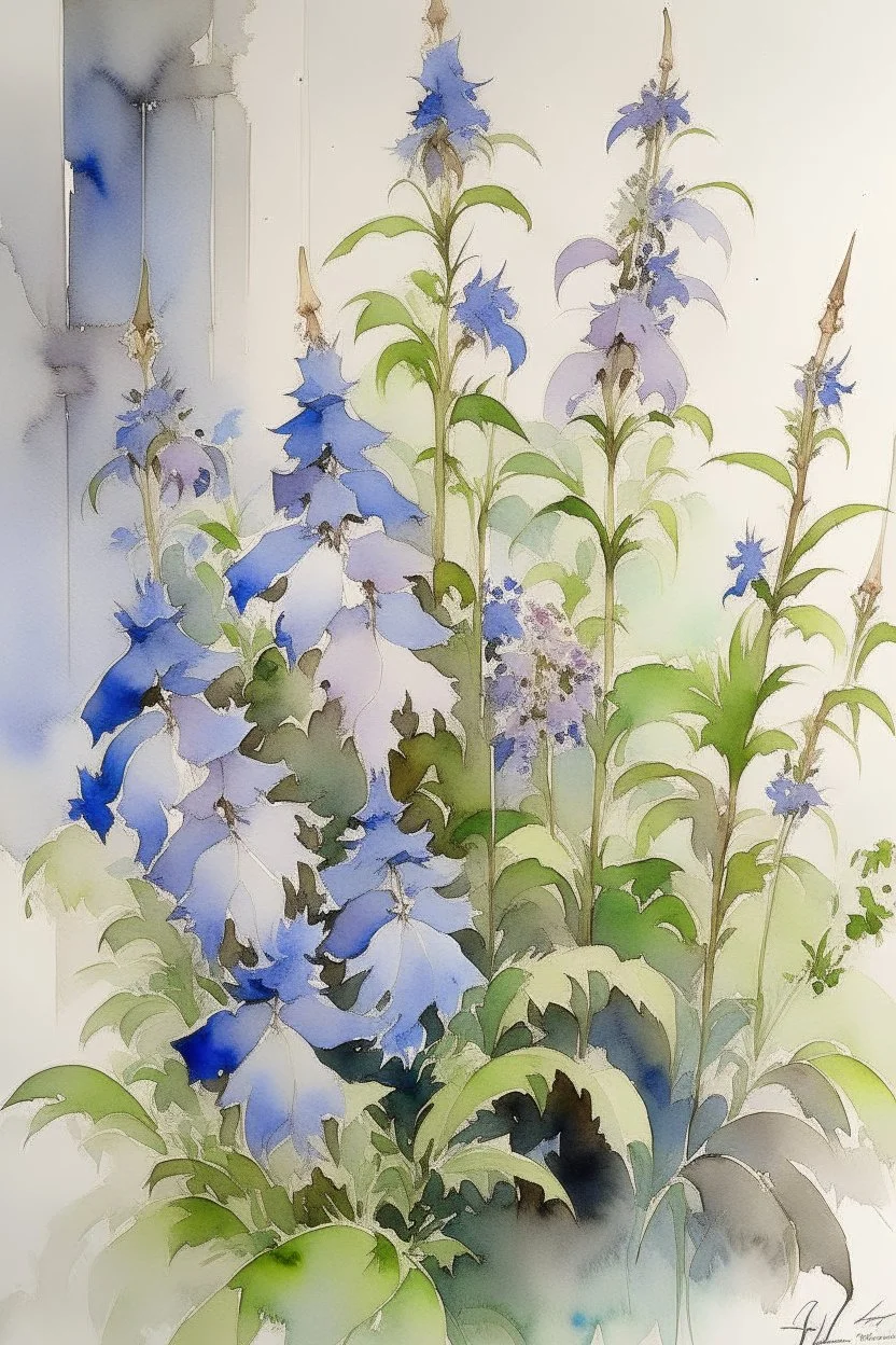 Watercolour of delphiniums in the style of willem henraets