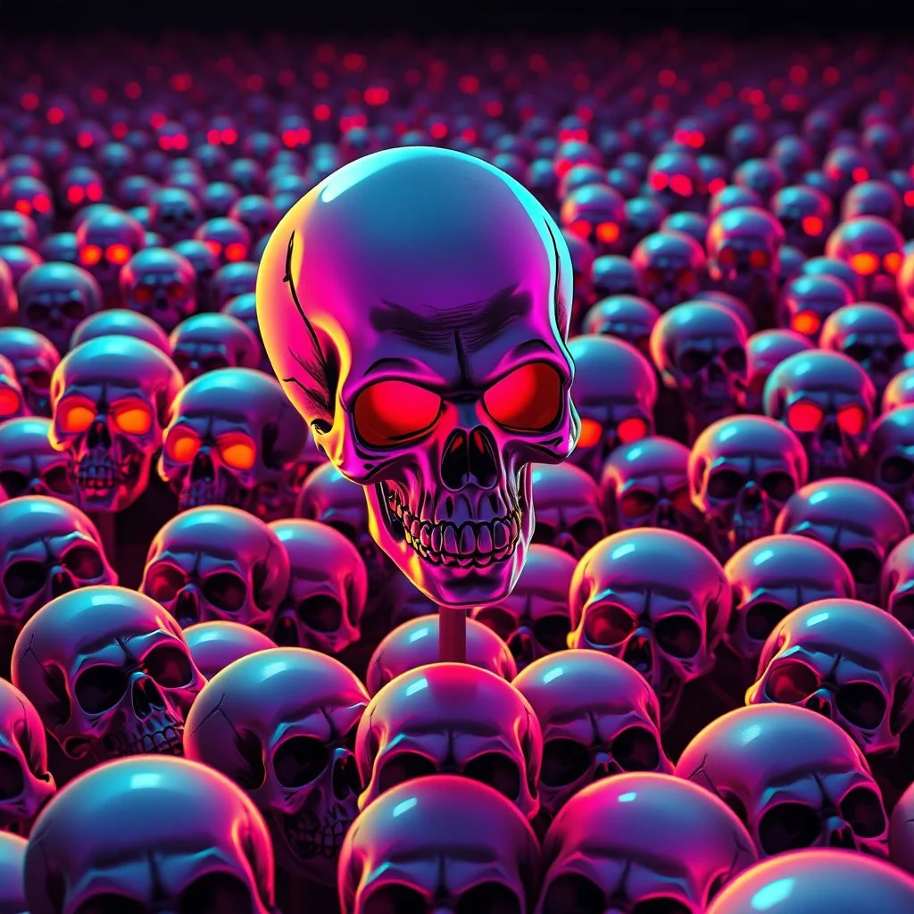 a field of 1000s of cartoonish, anatomically correct, skulls, vivid RANDOM BRIGHT neon colors, dark comedy, well lit, high detail, photorealistic, horrorcore, fun, scary, dead