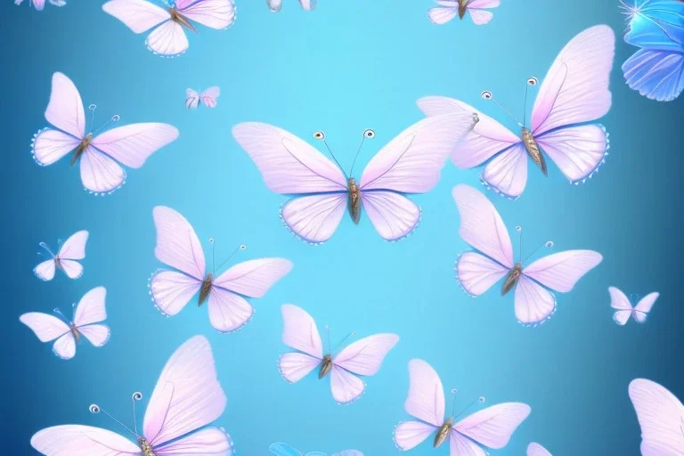  gold background, rise of five little soft transparent blue and pink butterflies