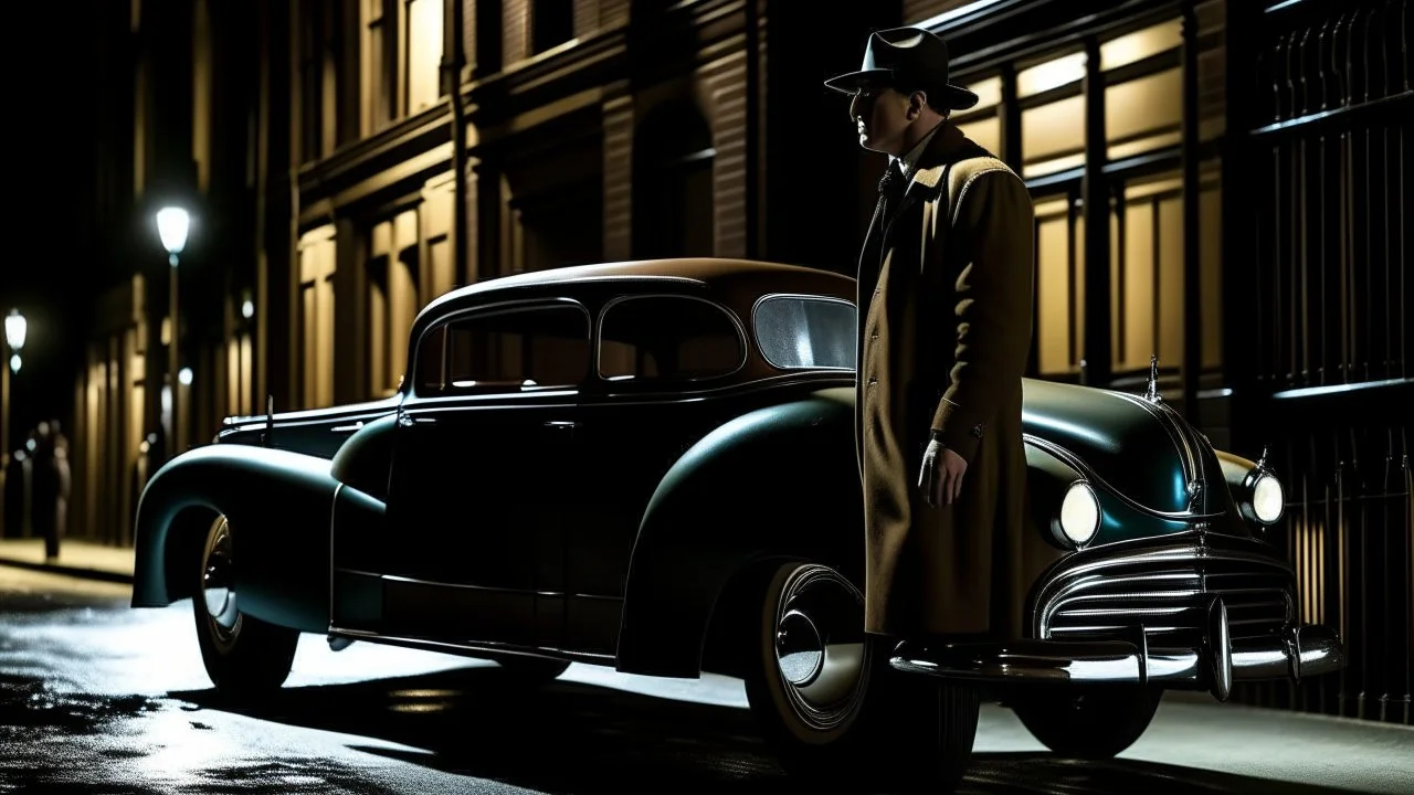 A man standing by a vintage car parked on a street at night, with a dimly lit window in the background building