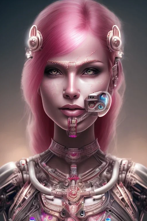 cyborg, indian woman, pink hair, perfekt eyes, smile, real