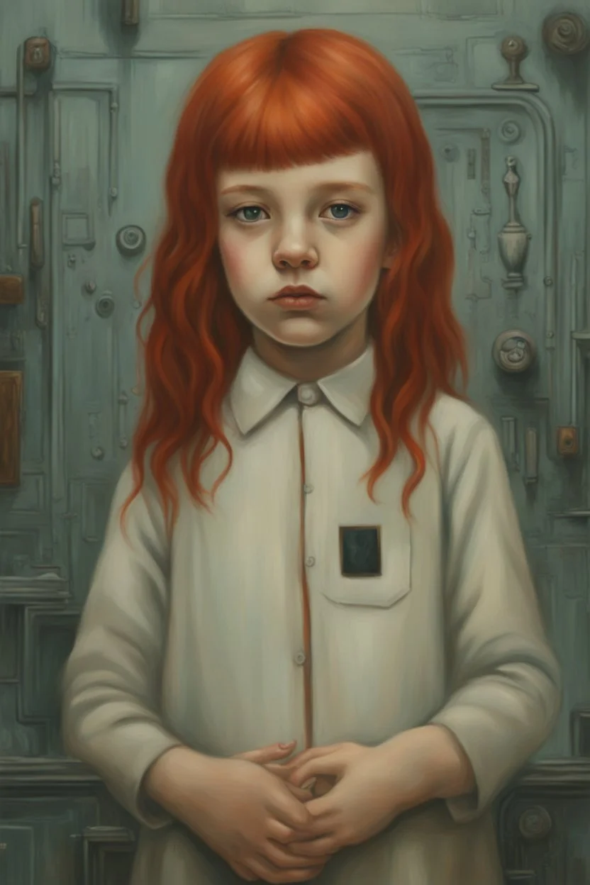 Little girl with red hair in Cyberpunk wunderkammer painted by Magritte, unsane details, soft colors