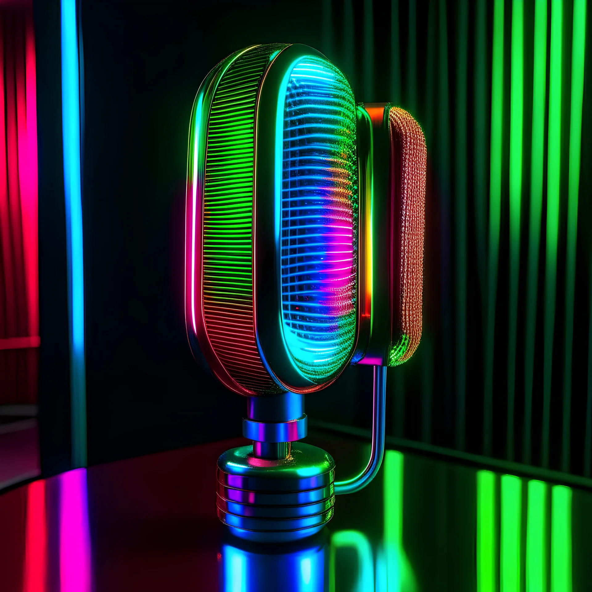 neon microphone on a mirror